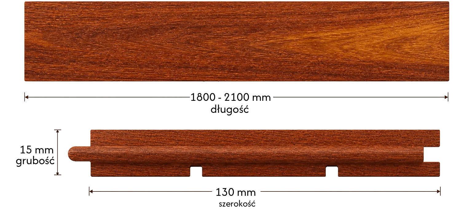 Deska Merbau lite — długość 1800–2100 mm, szerokość 130 mm, grubość 15 mm